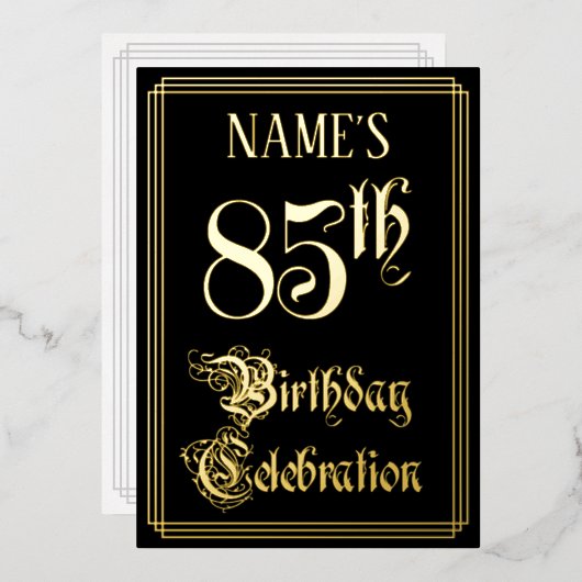 85e verjaardag — Fancy script en aangepaste naam Folie Uitnodiging (Voorkant / Achterkant)