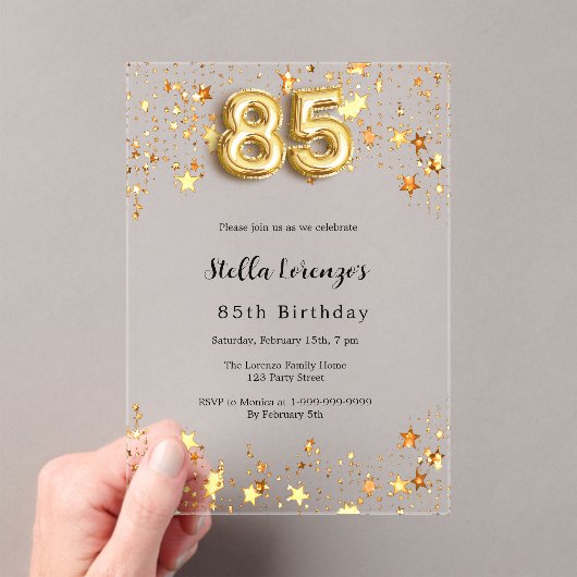85e verjaardag Goud Roze Sterren Clear Acryl Uitnodigingen (Insitu (Draagbaar))