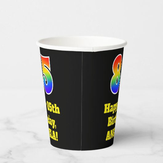 85e verjaardag: Kleurrijk, Leuk, Opwindend, Regenb Papieren Bekers (Rechts)