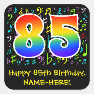 85e verjaardag: Kleurrijke muzieksymbolen, regenbo Vierkante Sticker