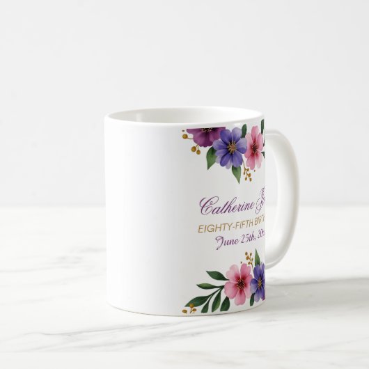 85e Verjaardag Mok – Bloemenkrans met gouden numme (Voorkant rechts)