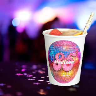85e Verjaardag Roze Glitter Groovy 70s Disco Bal Papieren Bekers
