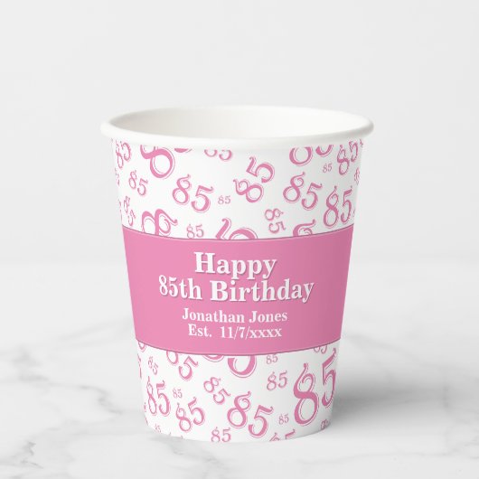 85e verjaardag Roze/White Random Number Pattern 85 Papieren Bekers (Voorkant)