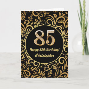 85th Birthday Black en Gold Floral Pattern Kaart
