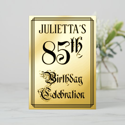 85th Birthday Party — Elegant Script + aangepaste  Folie Uitnodiging (Staand Voorkant)