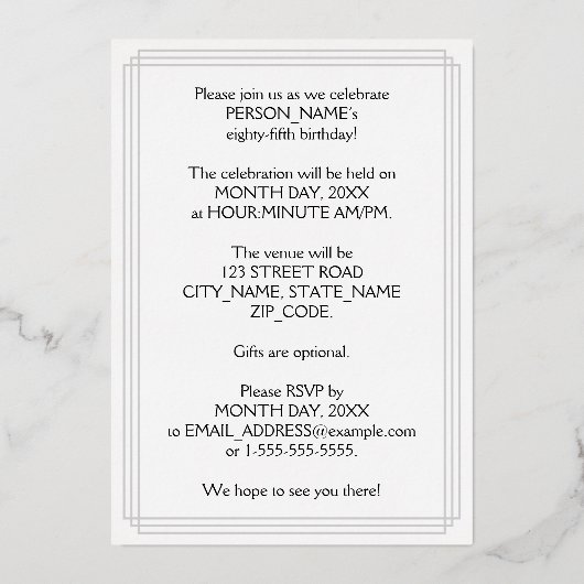 85th Birthday Party — Elegant Script + aangepaste  Folie Uitnodiging (Achterkant)