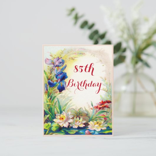 85th Birthday Waterlilies en Iris Flowers Kaart (Staand voorkant)