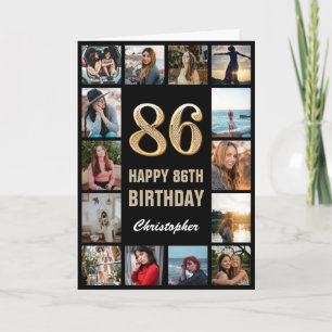 86e Happy Birthday Black en Gold Photo Collage Kaart