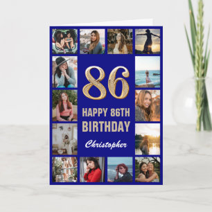 86e Happy Birthday Navy Blue & Gold Photo Collage Kaart