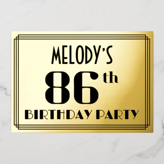 86e verjaardag: Art Deco Kijk "86" en naam Folie Uitnodiging (Voorkant)