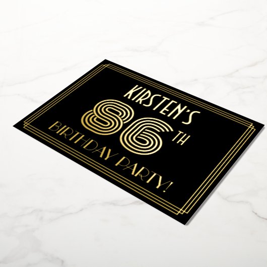 86e verjaardag — Art Deco Style "86" + Naam Folie Uitnodiging (Gedraaid)
