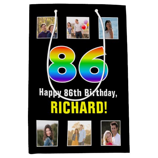 86e verjaardag: Regenboog "86", aangepaste foto's  Medium Cadeauzakje (Voorkant)