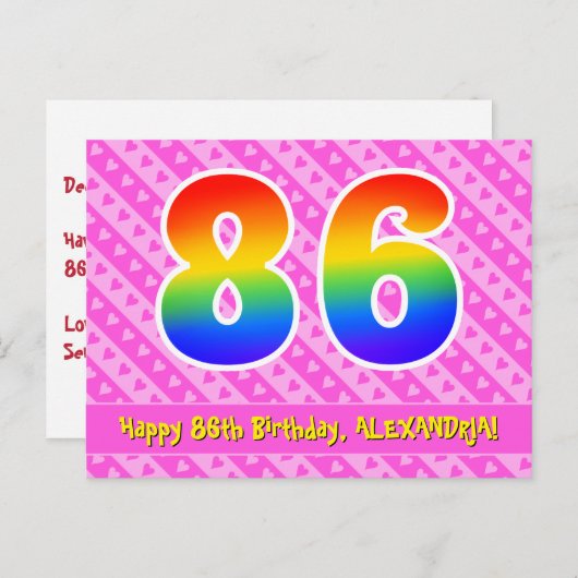 86ste verjaardag: roze strepen en harten, regenboo briefkaart (Voorkant / Achterkant)