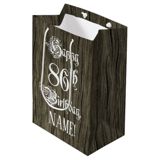 86th Birthday: Fancy, Faux Wood Look + Custom Name Medium Cadeauzakje (Voorkant Gekanteld)