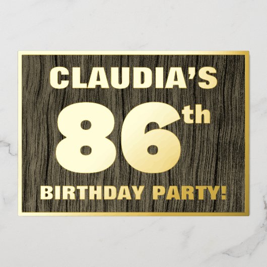 86th Birthday Party: Bold, Faux Wood Grain Pattern Folie Uitnodiging (Voorkant)