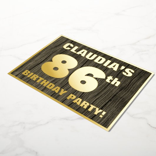 86th Birthday Party: Bold, Faux Wood Grain Pattern Folie Uitnodiging (Gedraaid)