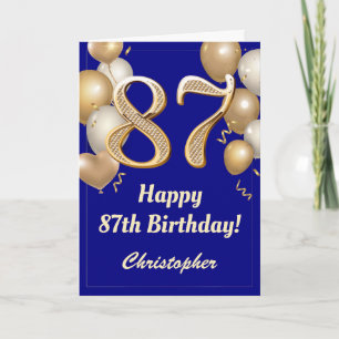 87e Birthday Navy Blue en Gold Balloons Confetti Kaart