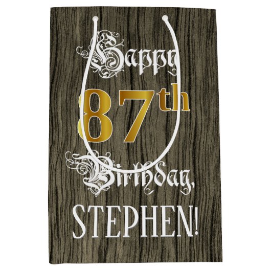 87e verjaardag: Faux Gold look & Faux Wood Pattern Medium Cadeauzakje (Voorkant)