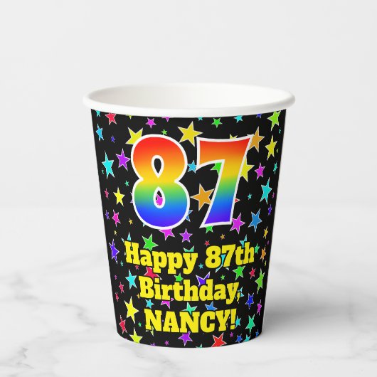 87e verjaardag: Fun Stars Pattern en Rainbow 87 Papieren Bekers (Achterkant)