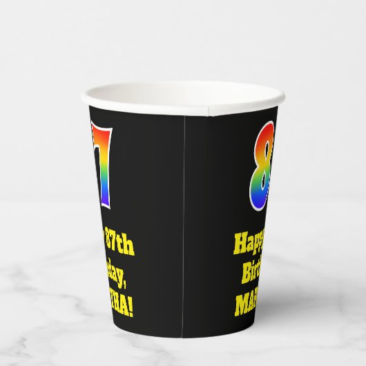 87e verjaardag: Kleurrijk, Leuk, Opwindend, Regenb Papieren Bekers (Rechts)