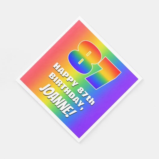 87e verjaardag: kleurrijk, vun regenboogpatroon # servet (Hoek)