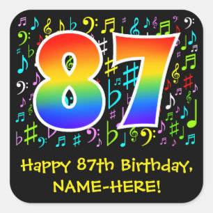 87e verjaardag: Kleurrijke muzieksymbolen, regenbo Vierkante Sticker
