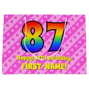 87e verjaardag: Roze strips & harten, regenboognr. Groot Cadeauzakje
