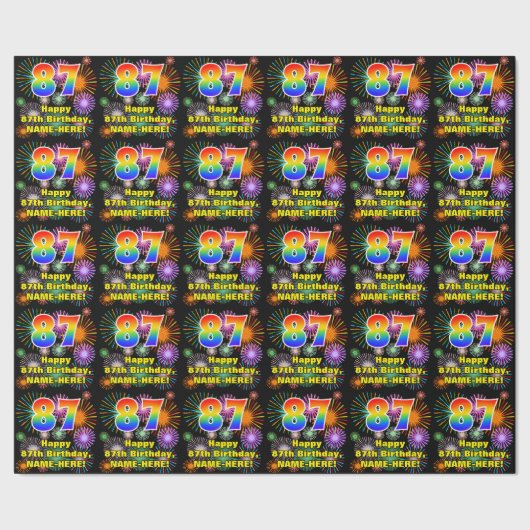 87e verjaardag: vuurwerk, regenboogblik # "87" cadeaupapier (Zoom)