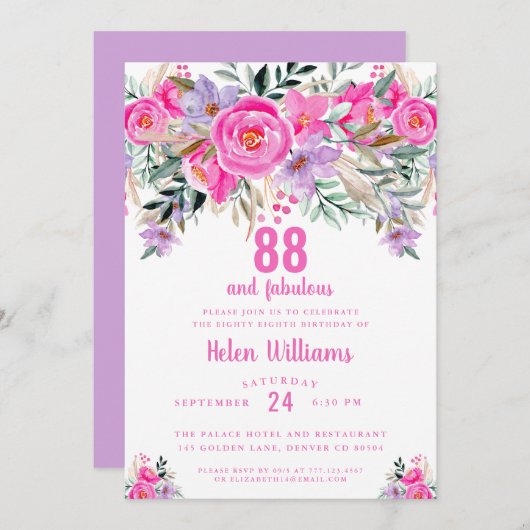 88 et fabuleuse invitation rose 88e anniversaire (Devant / Derrière)