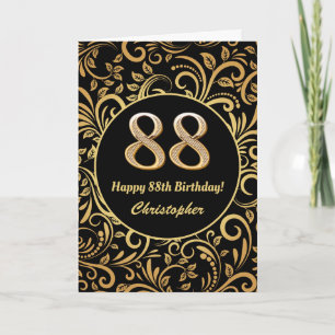 88e Birthday Black en Gold Floral Pattern Kaart