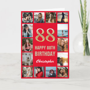88e Happy Birthday Red en Gold Photo Collage Kaart