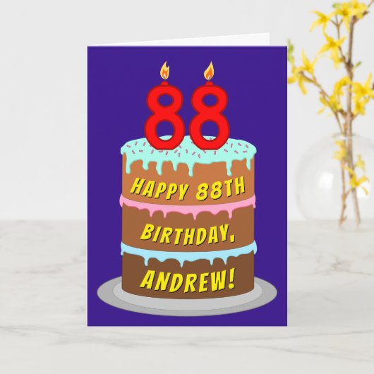 88e verjaardag: Fun Cake and Candles + Custom Name Kaart (Gele Bloem)