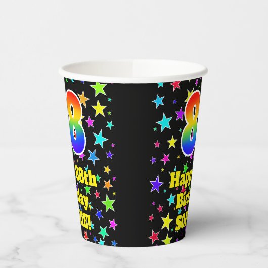 88ste verjaardag: Fun Stars Pattern en Rainbow 88 Papieren Bekers (Links)