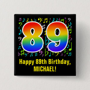 89e verjaardag: Colorful Music Symbols, Rainbow 89 Vierkante Button 5,1 Cm