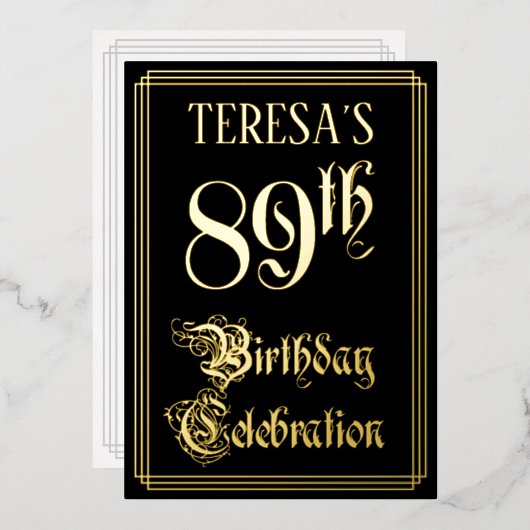 89e verjaardag — Fancy script en aangepaste naam Folie Uitnodiging (Voorkant / Achterkant)