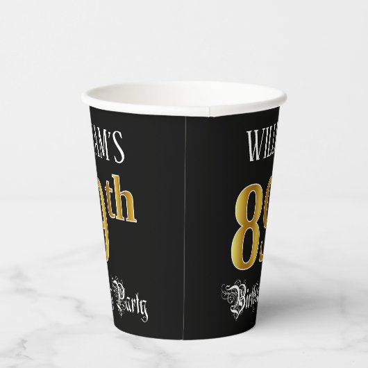 89e verjaardag — Fancy script, Faux Gold look Papieren Bekers (Rechts)