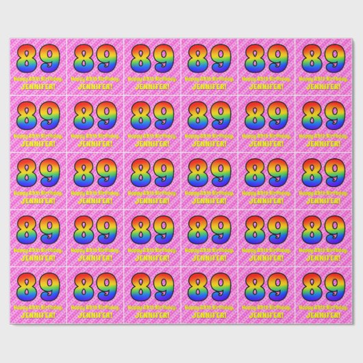 89e verjaardag: Roze strips & harten, regenboognr. Cadeaupapier (Vlak)