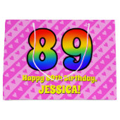 89e verjaardag: Roze strips & harten, regenboognr. Groot Cadeauzakje (Voorkant)