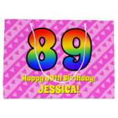 89e verjaardag: Roze strips & harten, regenboognr. Groot Cadeauzakje (Achterkant)