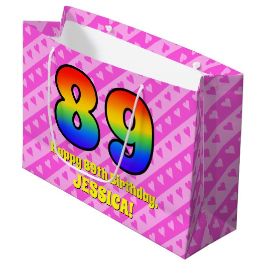 89e verjaardag: Roze strips & harten, regenboognr. Groot Cadeauzakje (Voorkant Gekanteld)