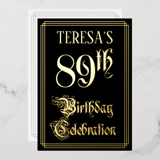 89ste verjaardagsfeest — Fantasievol script & aang Folie Uitnodiging (Voorkant / Achterkant)