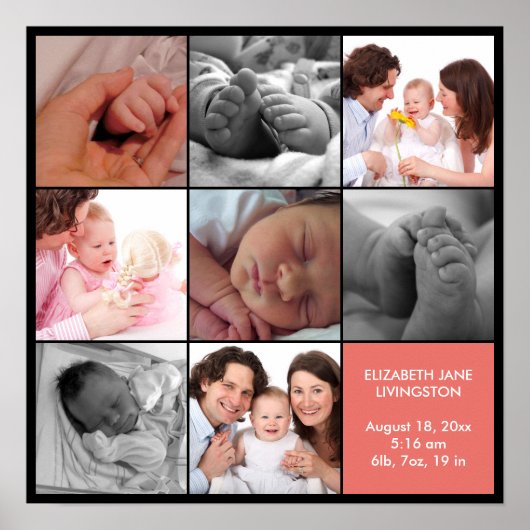8 baby foto moderne collage roze zwarte rand poster (Voorkant)