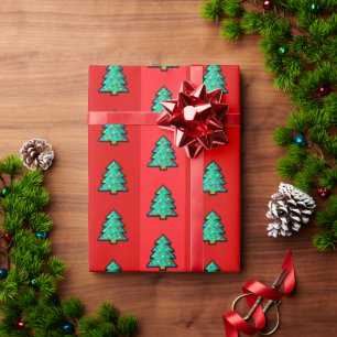 8 bit Kerstboom Rood Groen Pixel Art Leuk Geeks Cadeaupapier