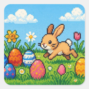8 bit schattige paashaas/konijn vierkante sticker