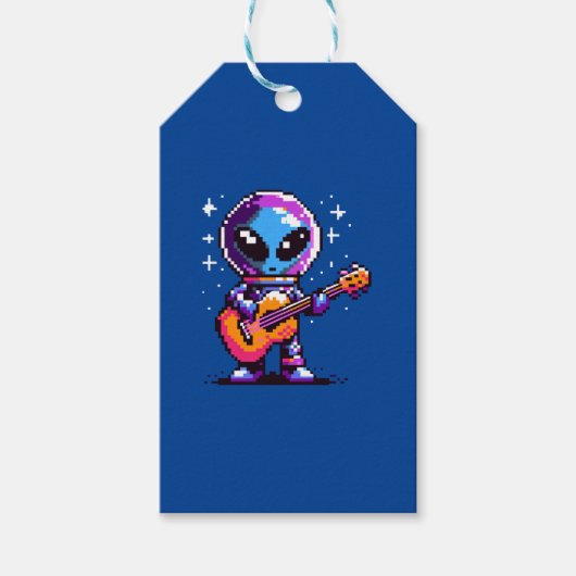 8-bits Alien-gitarist - Retro Pixel Space Music Cadeaulabel (Voorkant)