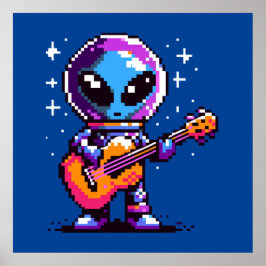 8-bits Alien-gitarist - Retro Pixel Space Music Poster