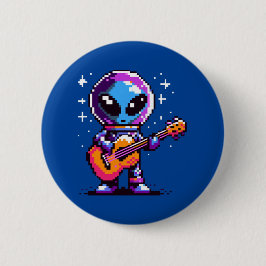 8-bits Alien-gitarist - Retro Pixel Space Music Ronde Button 5,7 Cm