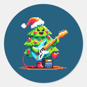 8-bits kerstboom muzikaal vakantieontwerp ronde sticker