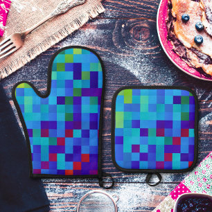 8-bits Pixel Pattern Abstracte Cool Geeky Blue Red Ovenwant & Pannenlap Set