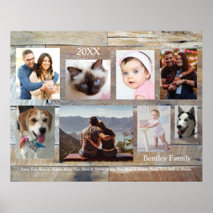 8 familiefoto's, houtnerf, doe-het-zelf naam en ja poster